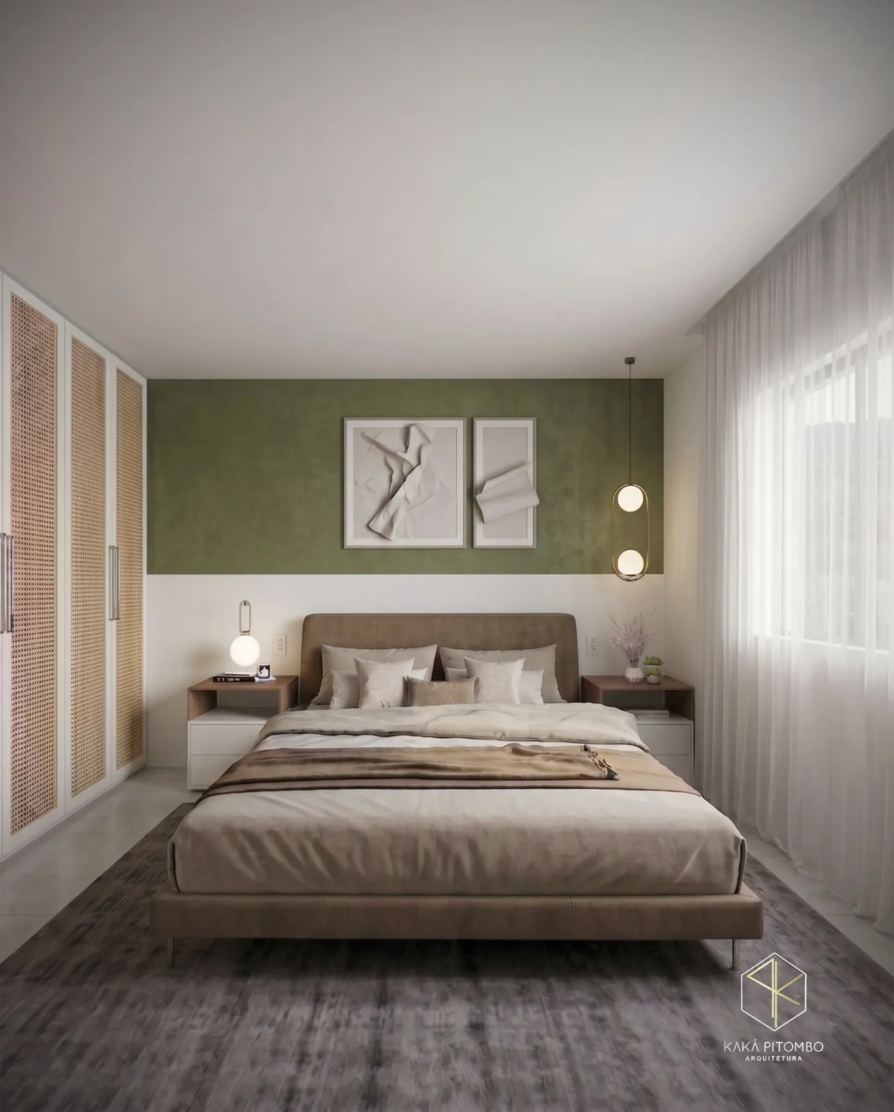 Quarto de casal com parede verde-oliva, quadros em relevo e marcenaria em palhinha